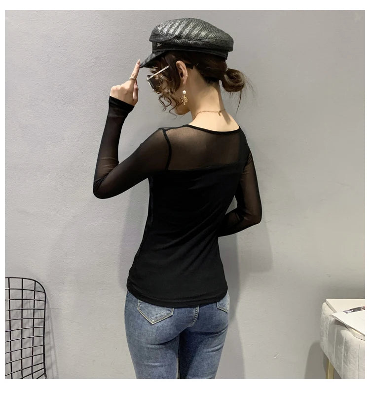 Autumn Winter Round Neck T shirt Women Sexy Mesh Bottoming Shirt Long Sleeve Solid Color Slim Fit Long Sleeve Casual Tops