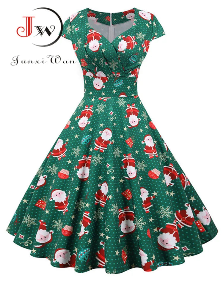 Christmas Party Dress Women Short Sleeve V Neck Elegant Vintage Print Xmas New Year Prom Sundress