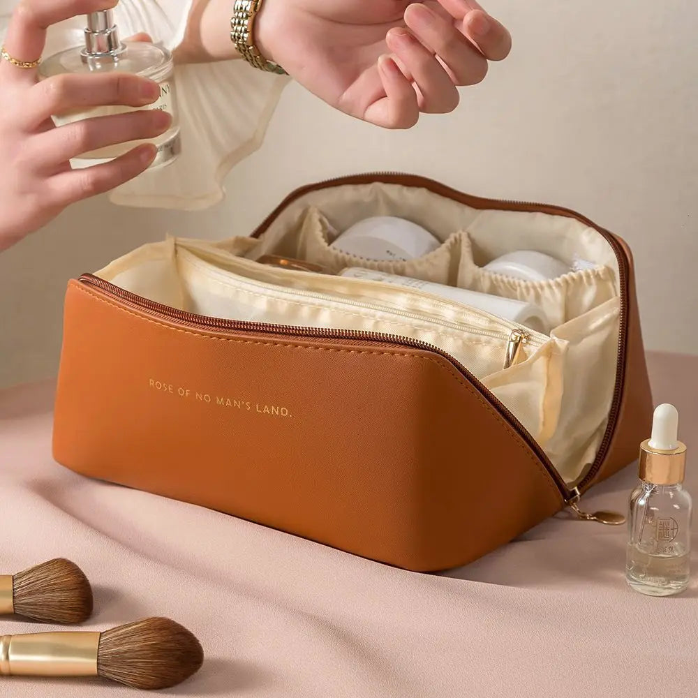 Large Travel Cosmetic Bag for Women Leather Makeup Organizer Female Toiletry Kit Bags Make Up Case