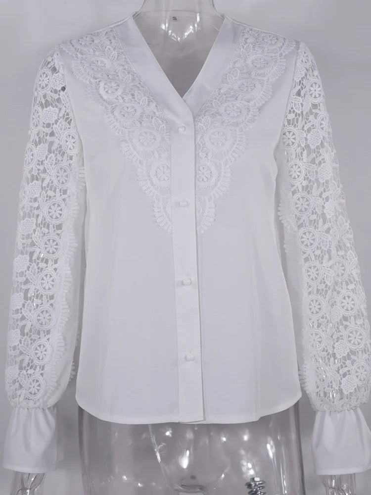 Shirts Elegant Office Ladies White Collared Lace Patchwork Hollow Out Button Up Womens Tops