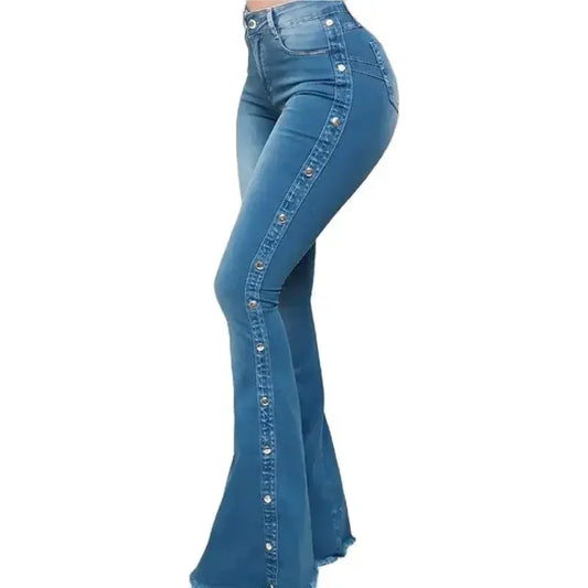 Fashion Side Studded Buckle Decoration Flared Jeans Women Wide Leg Trousers High Waist Denim Pants