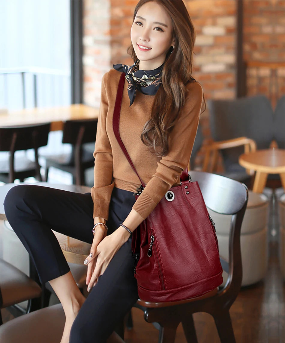 Women Leather Backpacks Multifunction Women Vintage Shoulder Bag Ladies Rucksack Large Capacity
