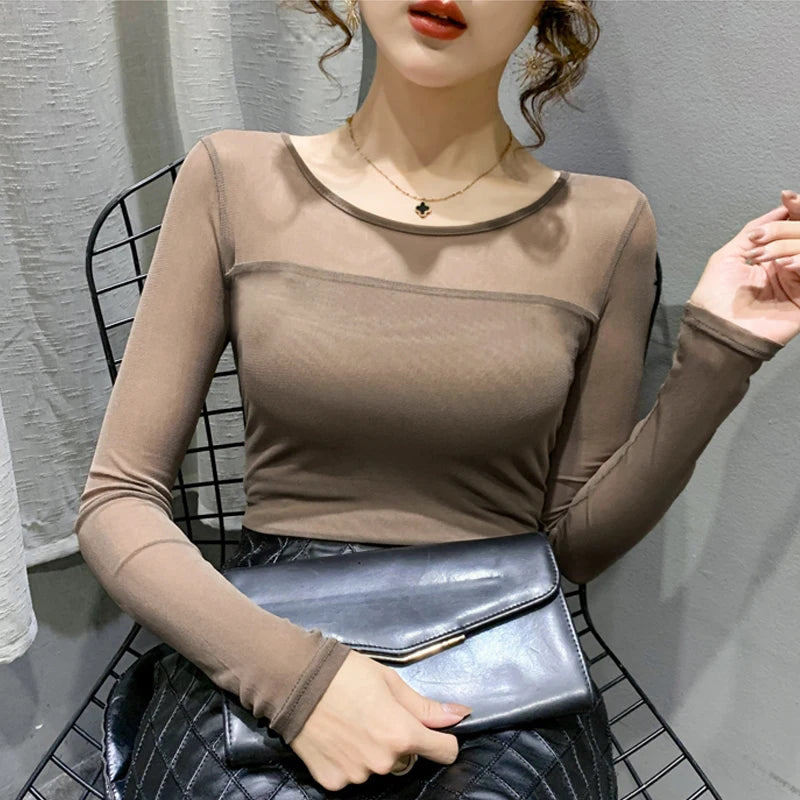 Autumn Winter Round Neck T shirt Women Sexy Mesh Bottoming Shirt Long Sleeve Solid Color Slim Fit Long Sleeve Casual Tops