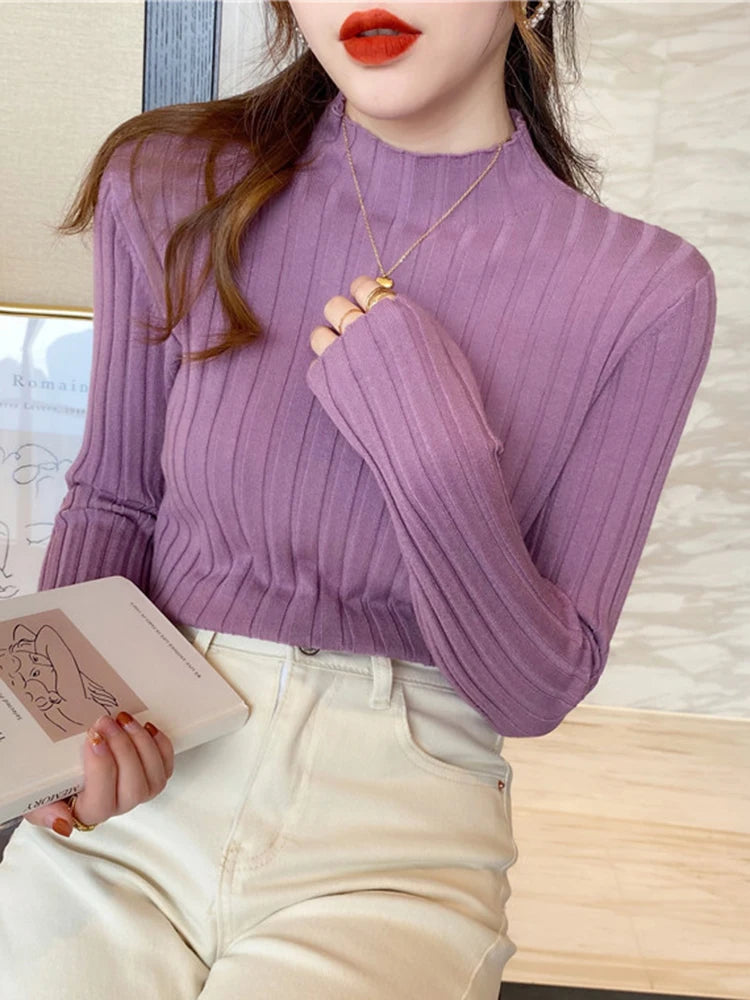 2024 Long Sleeve Slim Basic Pullover Woman Sweaters Solid Tops