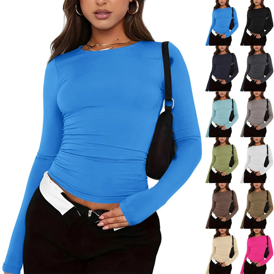 Women's Fashion Solid Color Round Neck Long Sleeve T-Shirt Top Tops for Women