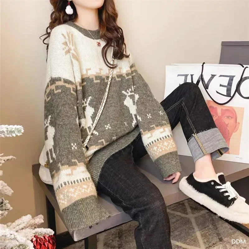 Christmas Deer Sweater Women's Pullover 
 New Korean Style Loose Fit Long Sleeve Versatile Knitted Top