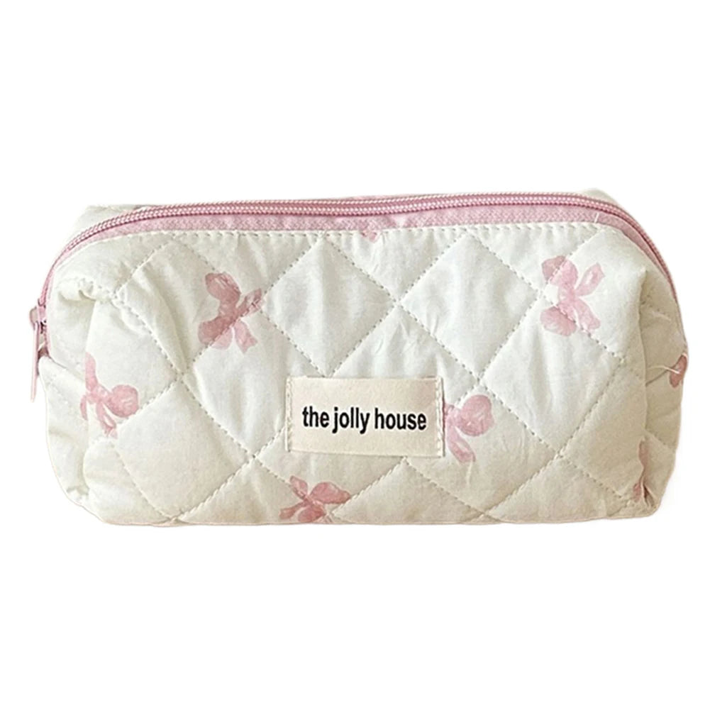 Cute Bow Flower Quilting Cotton Makeup Bag Women Zipper Cosmetic Organizer
 Cloth Handbag
 for Girls