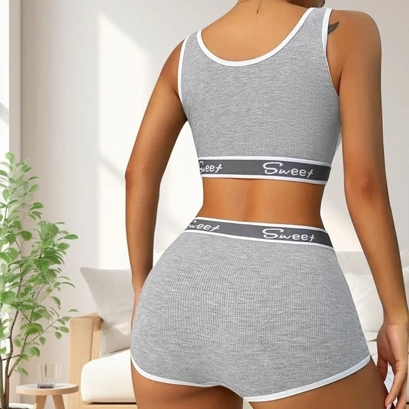 Women Seamless Underwear Set Fitness Pure Cotton Underwear Wide-brimmed Letter Sports Vest Middle Waist Boxer Briefs Bra Set