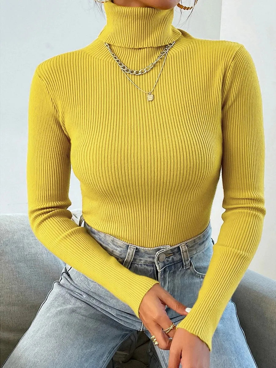 2024 Autumn Winter Women Knit Solid Turtleneck Pull Sweater Casual Rib Jumper Tops Female Home Pullover Y2K Clothing