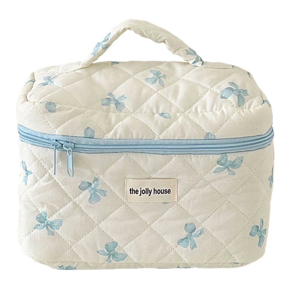 Cute Bow Flower Quilting Cotton Makeup Bag Women Zipper Cosmetic Organizer
 Cloth Handbag
 for Girls