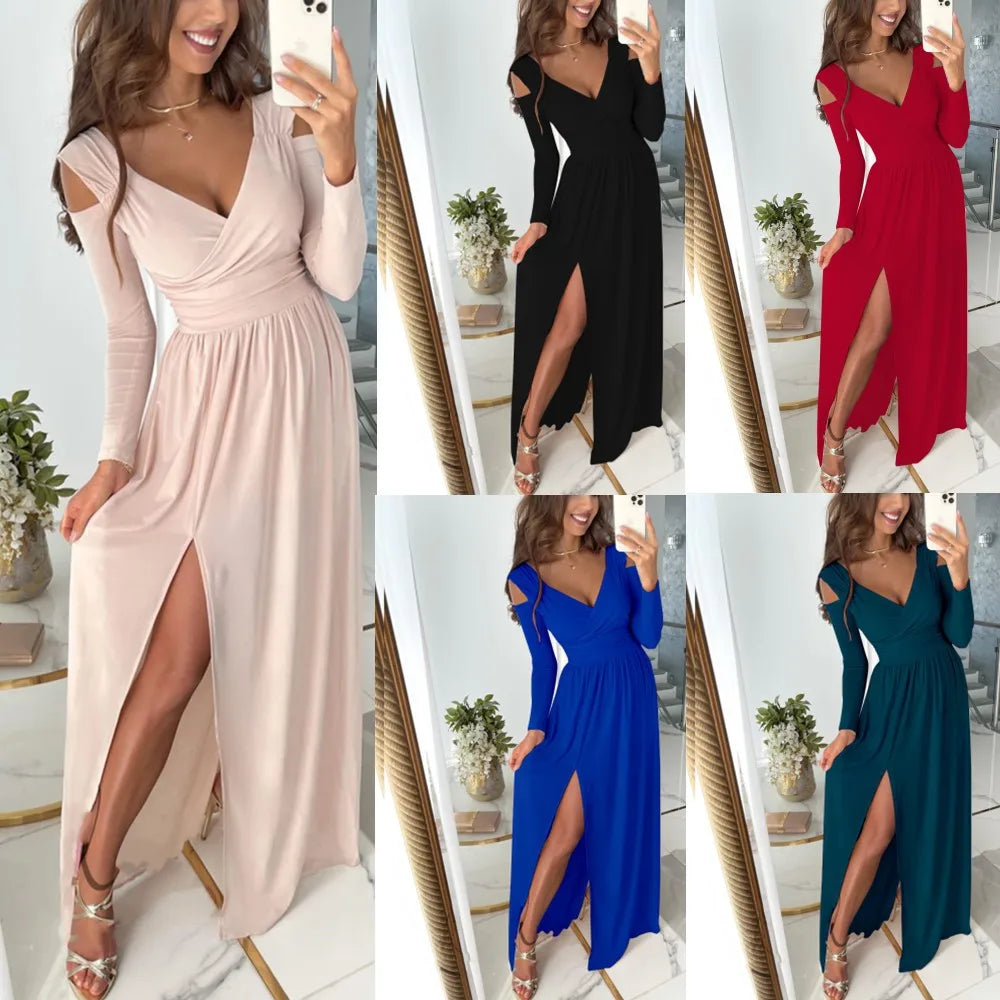 Cross-border autumn and winter new long-sleeved V-neck solid color hem slit dress