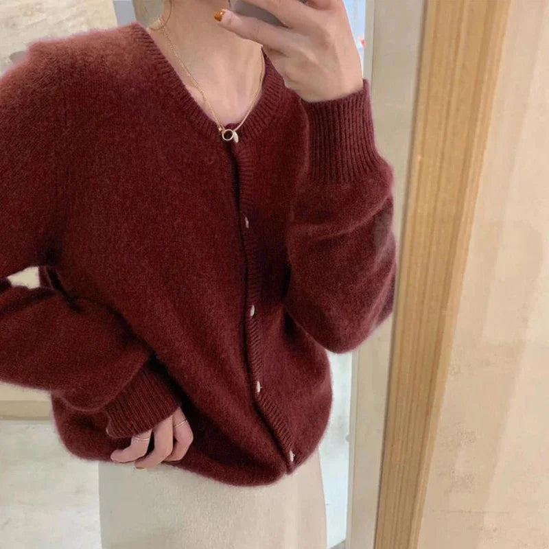 Fall Solid Color Knitted Cardigan Women Korean Single Breasted Long Sleeve Jumper Woman Round Neck All Match Sweater Outwear Top