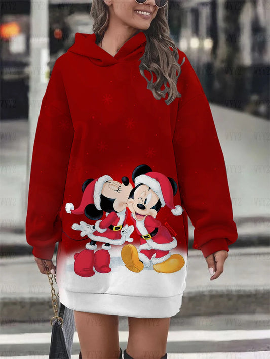 Christmas Disney Mickey Mouse Fall Women's Hoodie Dress Fashion Sweatshirt Dress Women's Pocket Hoodie