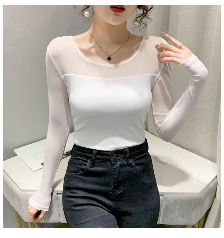 Autumn Winter Round Neck T shirt Women Sexy Mesh Bottoming Shirt Long Sleeve Solid Color Slim Fit Long Sleeve Casual Tops